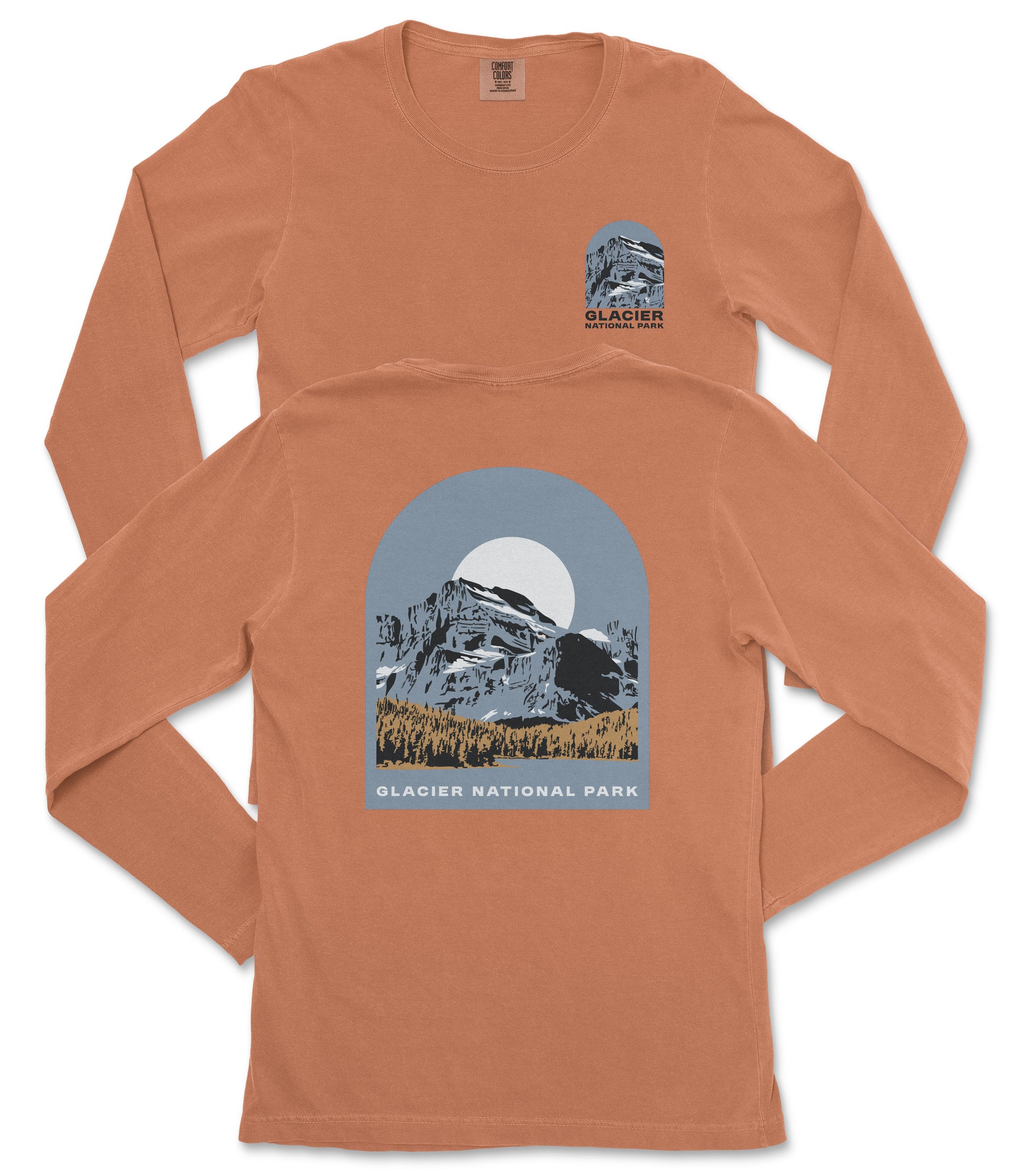 a long-sleeved orange t-shirt with a graphic design depicting a mountain landscape and the text "Glacier National Park" printed on it.