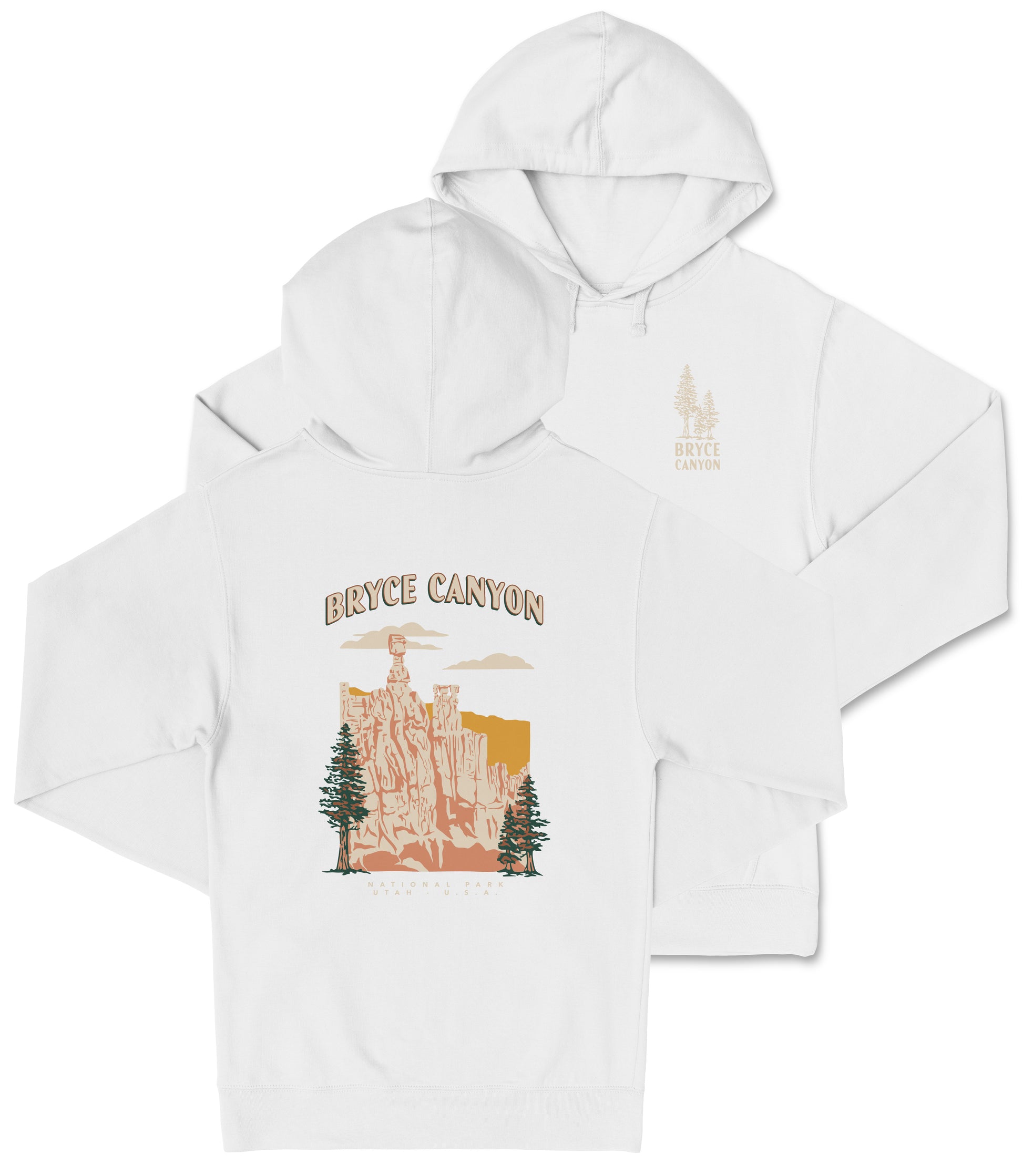 A white hooded sweatshirt with a graphic design depicting Bryce Canyon National Park.