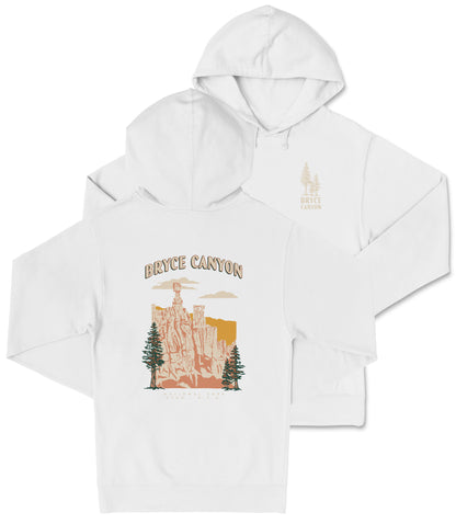 A white hooded sweatshirt with a graphic design depicting Bryce Canyon National Park.