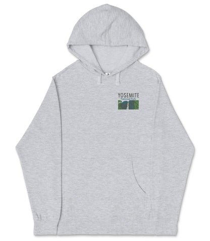 A gray hooded sweatshirt with a graphic design on the front, featuring a mountain range and the text "YOSEMITE" below it.