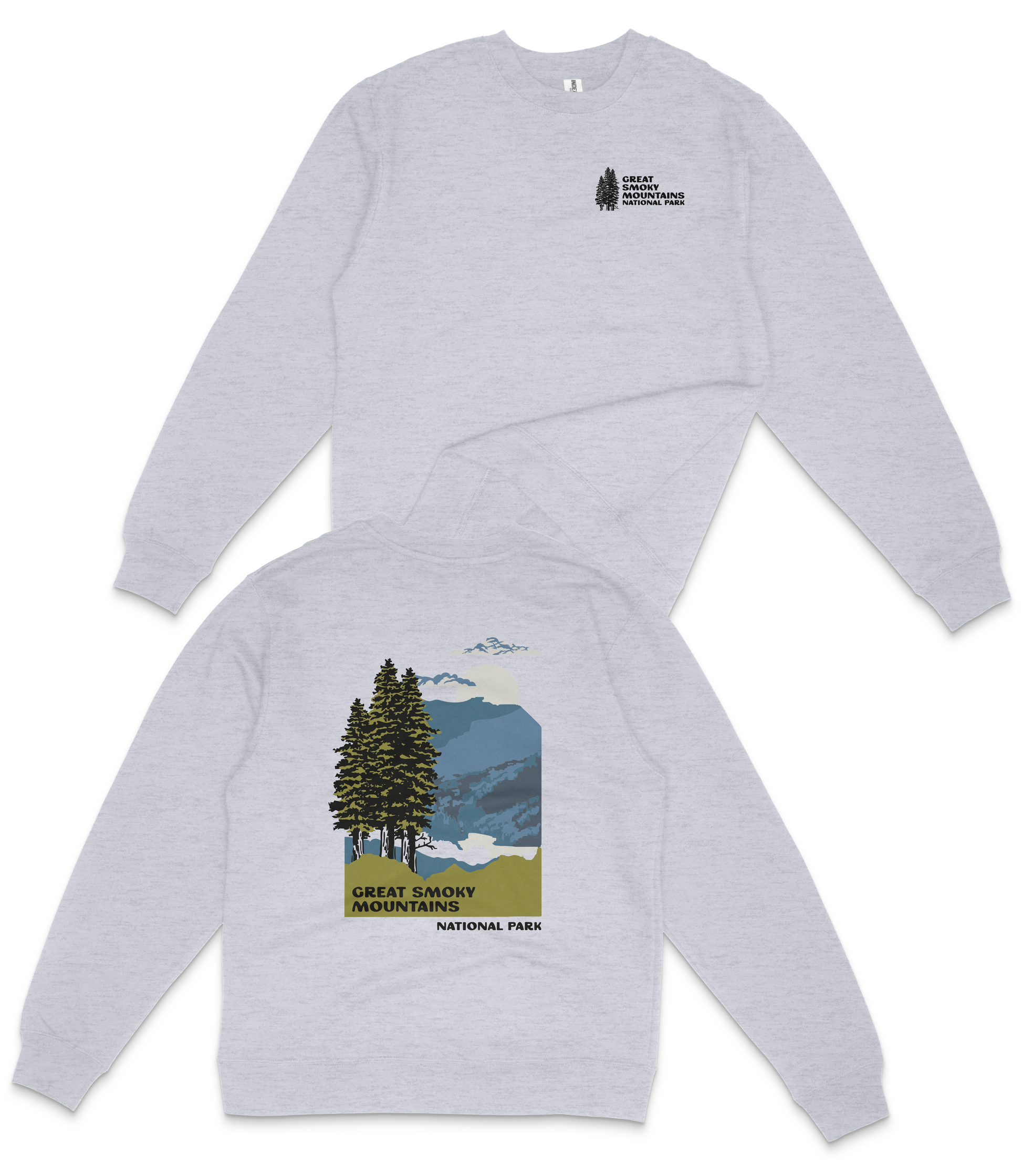 A gray sweatshirt with a graphic design depicting a forest scene and mountains, along with text that reads "Great Smoky Mountains National Park".