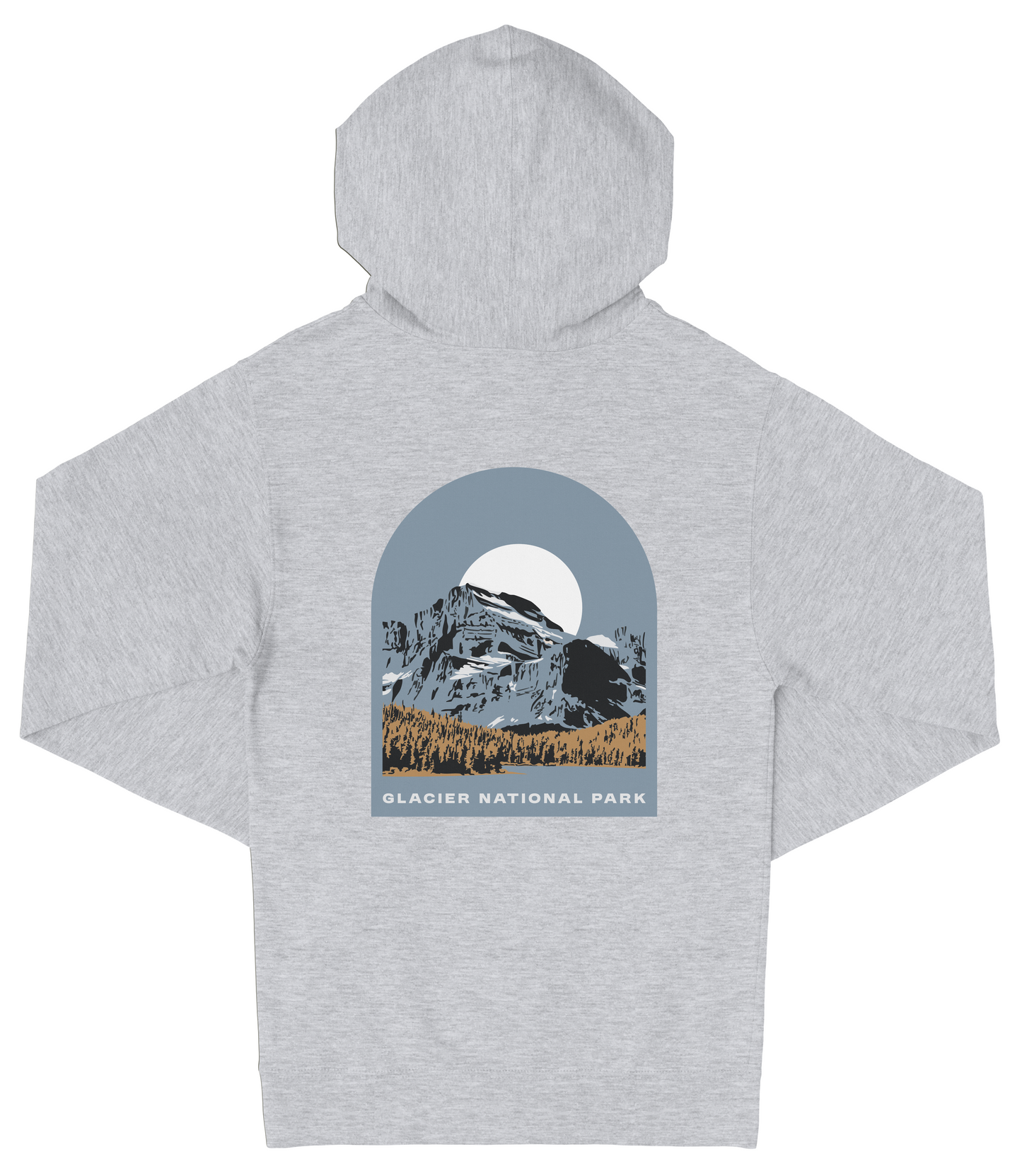 A gray hooded sweatshirt with a graphic design depicting a mountain landscape and a full moon.