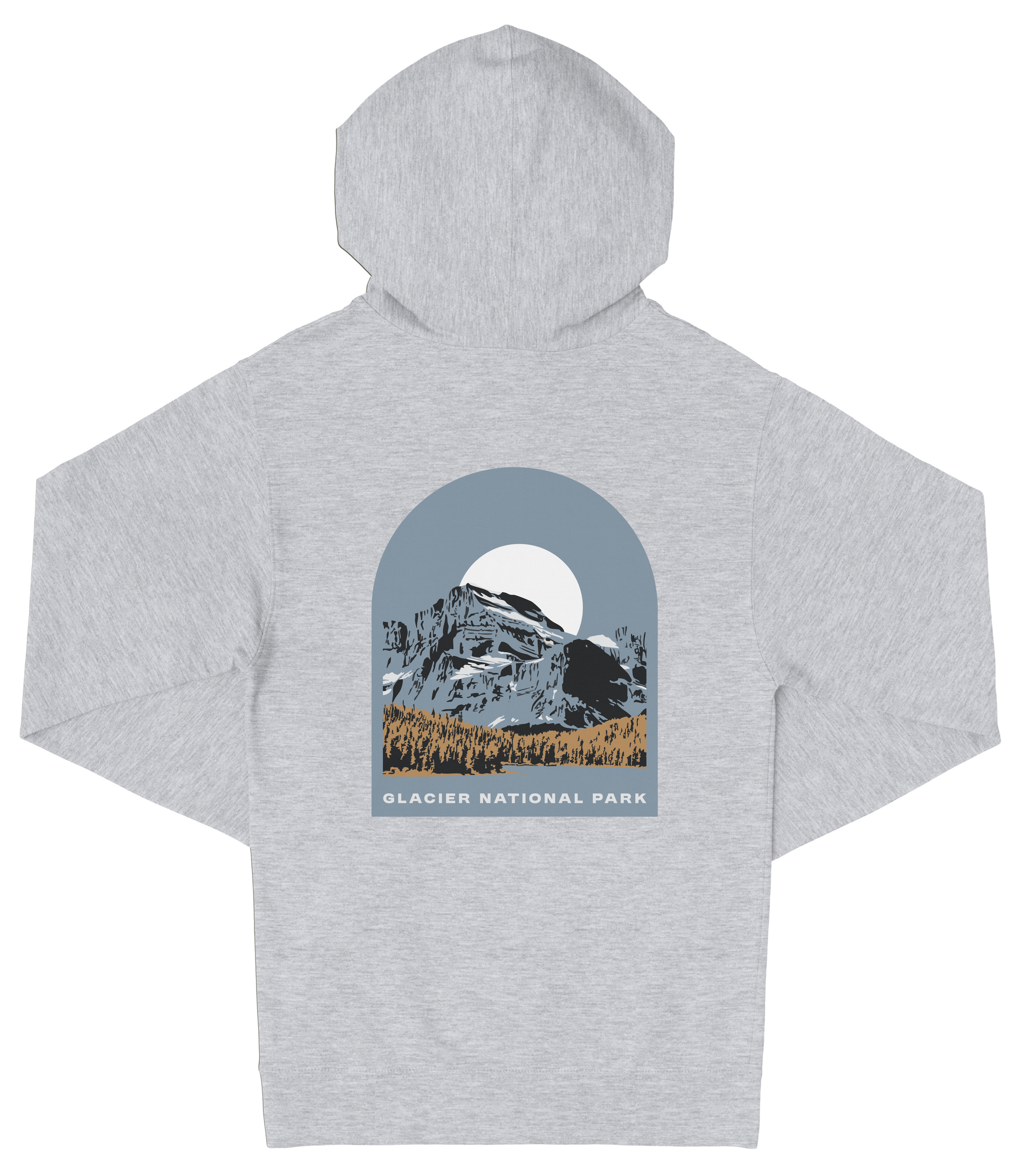 A gray hooded sweatshirt with a graphic design depicting a mountain landscape and a full moon.