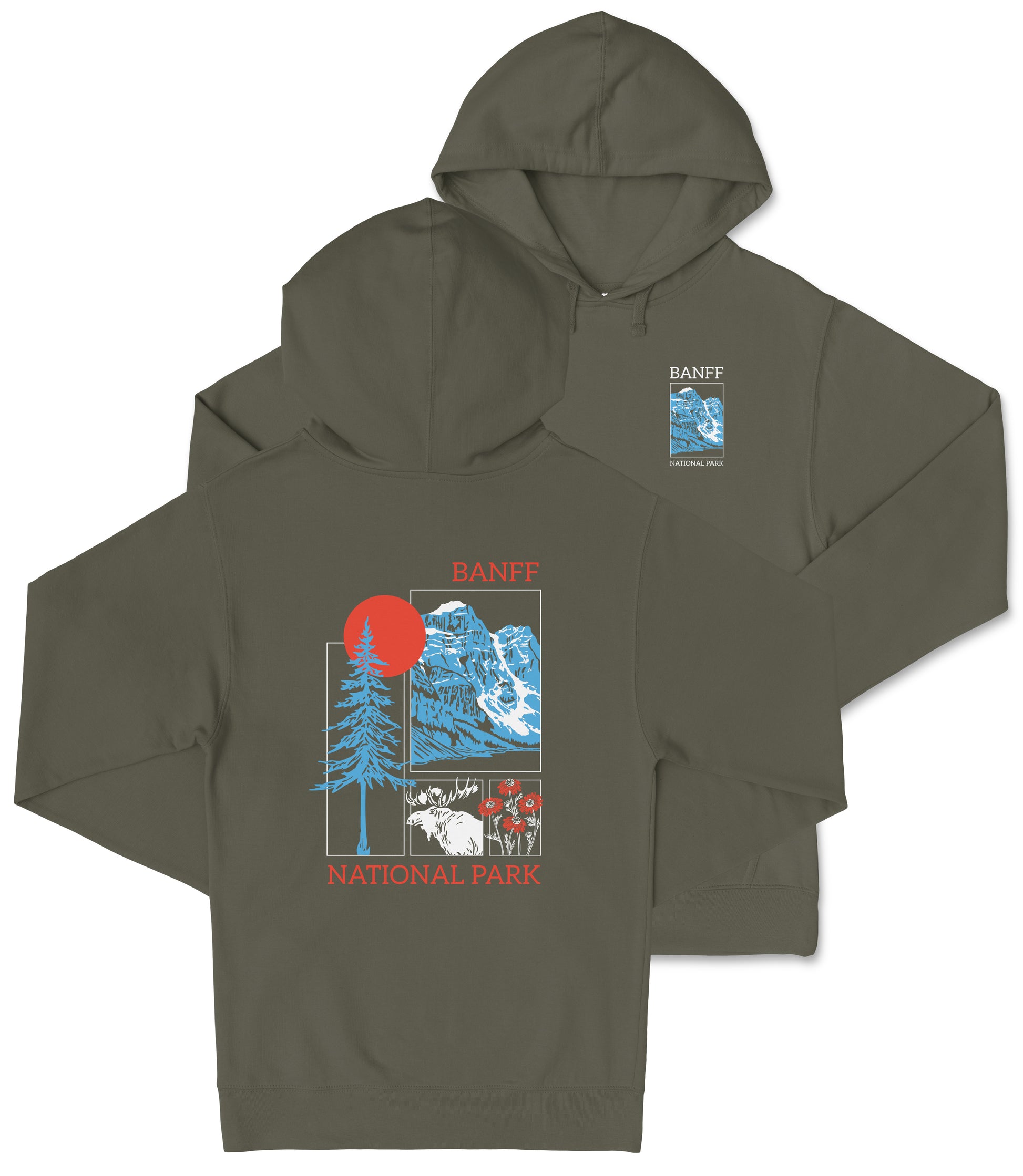 A grey hooded sweatshirt with a graphic design featuring a mountain landscape, a sun, and a tree.