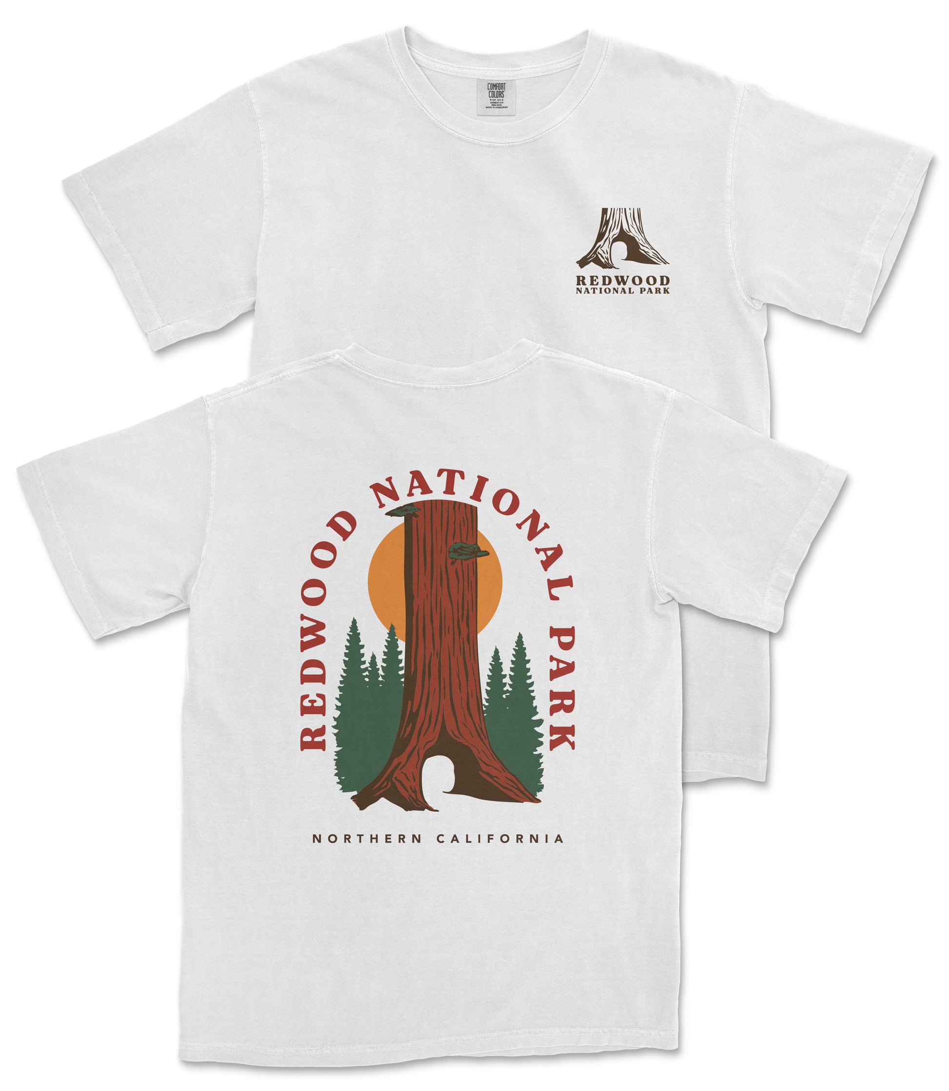 a white t-shirt with a graphic design depicting a redwood tree and the text "REDWOOD NATIONAL PARK NORTHERN CALIFORNIA".