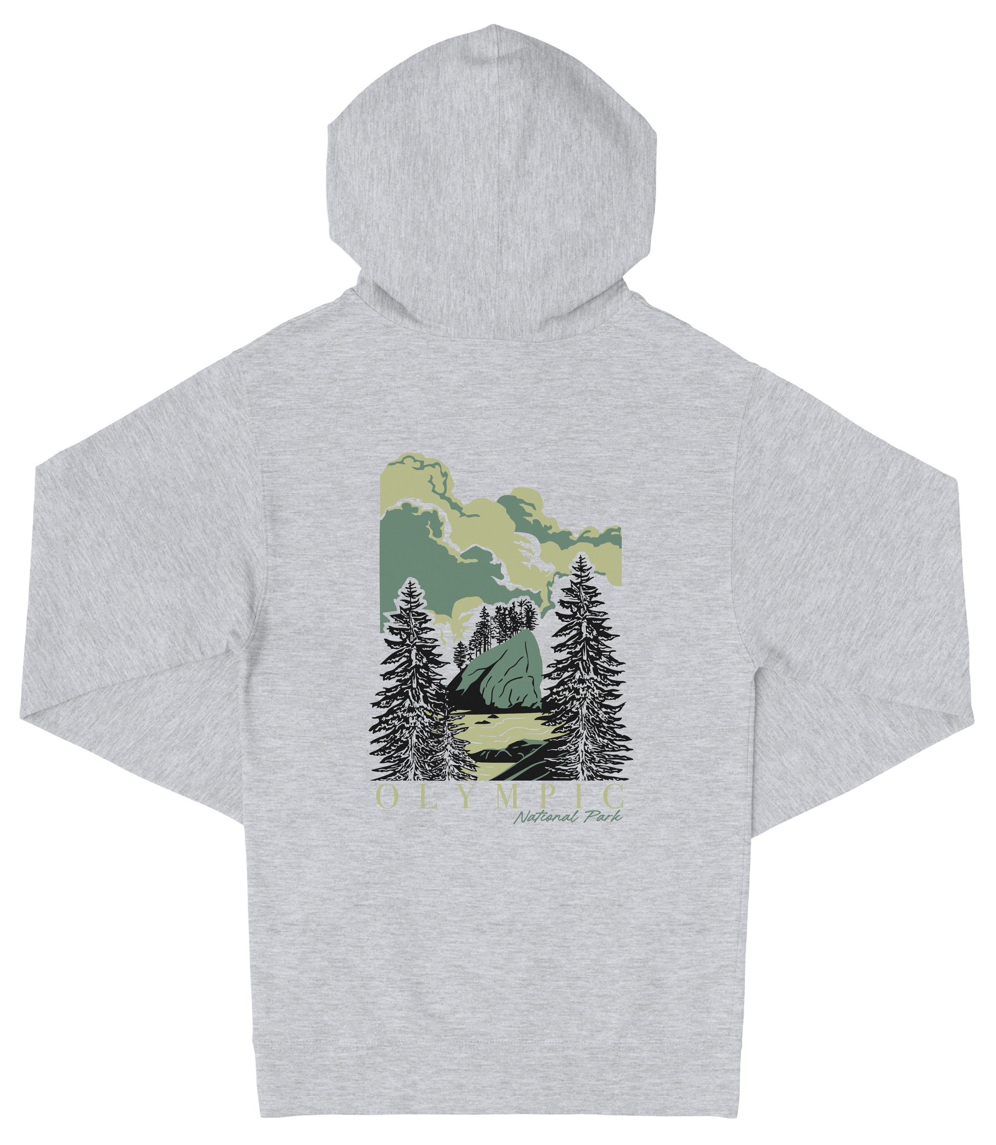 A gray hooded sweatshirt with a graphic design depicting a forest scene with pine trees and a mountain in the background.