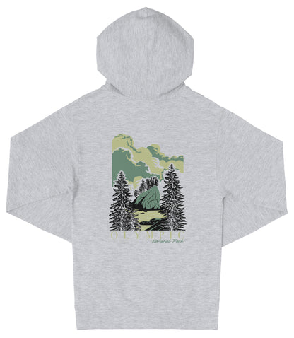 A gray hooded sweatshirt with a graphic design depicting a forest scene with pine trees and a mountain in the background.