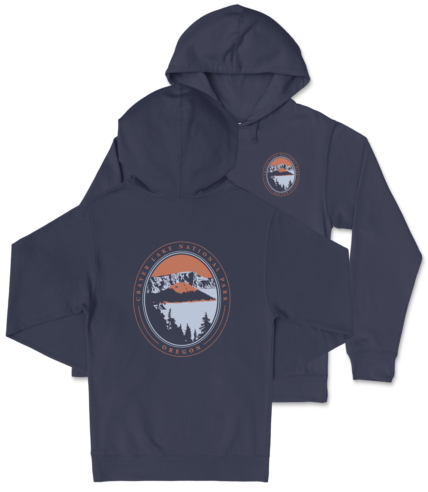 A navy blue hooded sweatshirt with a graphic design on the back featuring a mountain landscape and the text "Cater Lake National Park Oregon".