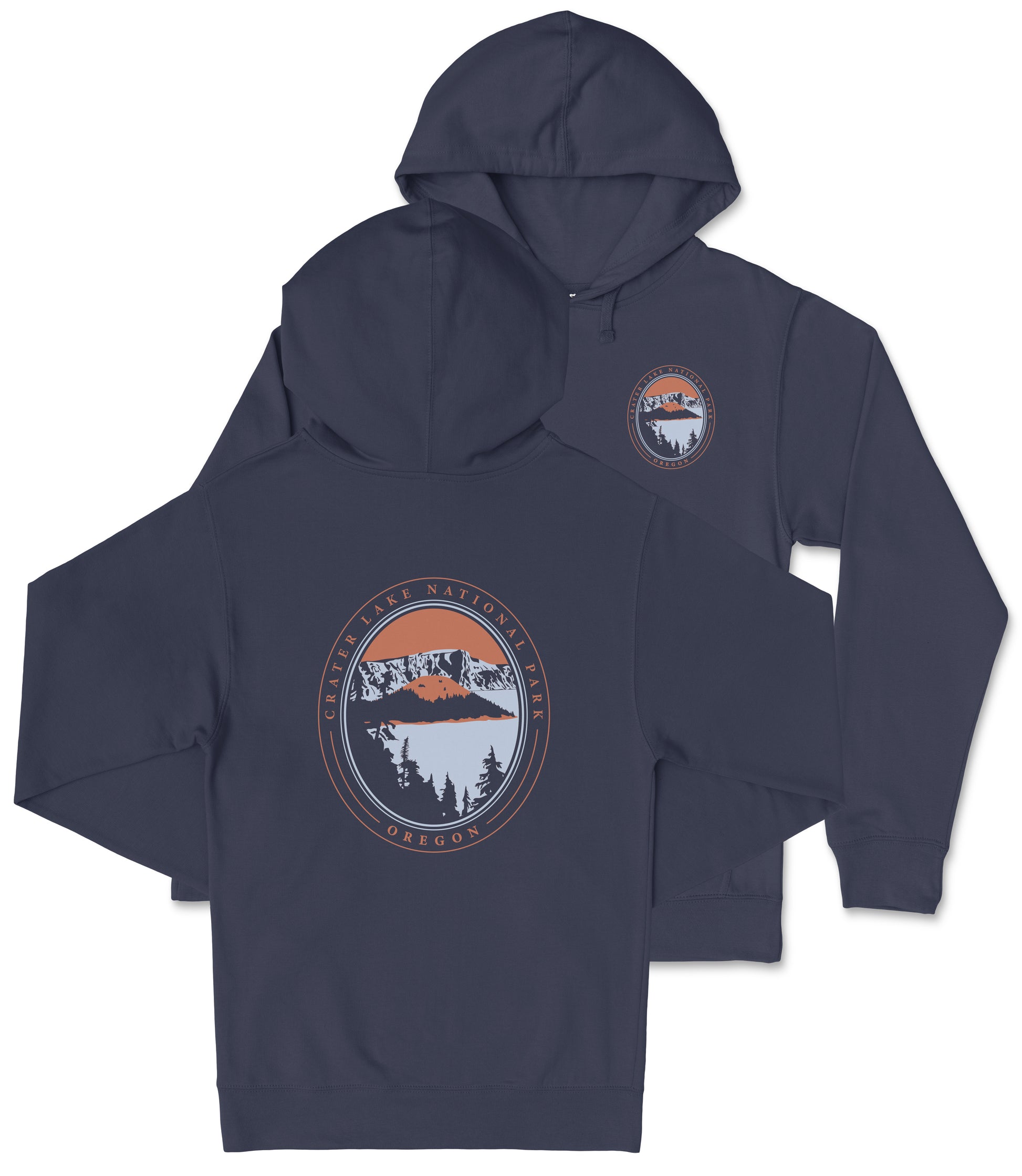 A navy blue hooded sweatshirt with a graphic design on the back featuring a mountain landscape and the text "Cater Lake National Park Oregon".