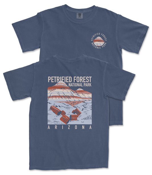 A blue t-shirt with a graphic design depicting a mountain range and the text "PETRIFIED FOREST NATIONAL PARK ARIZONA" printed on it.