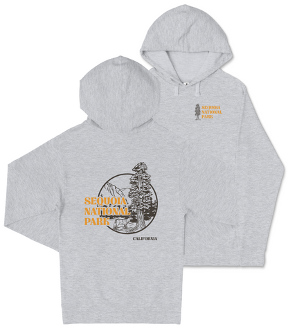 A grey hooded sweatshirt with a graphic design featuring a tree and text that says "SEQUOIA NATIONAL PARK CALIFORNIA".
