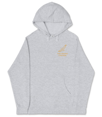 A gray hooded sweatshirt with a graphic design on the left side.