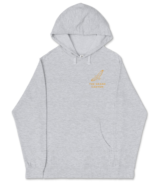 A gray hooded sweatshirt with a graphic design on the left side.