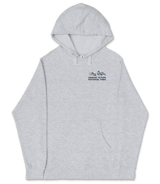 A gray hooded sweatshirt with a graphic design on the front, depicting mountains and the text "Grand Teton National Park" printed on it.