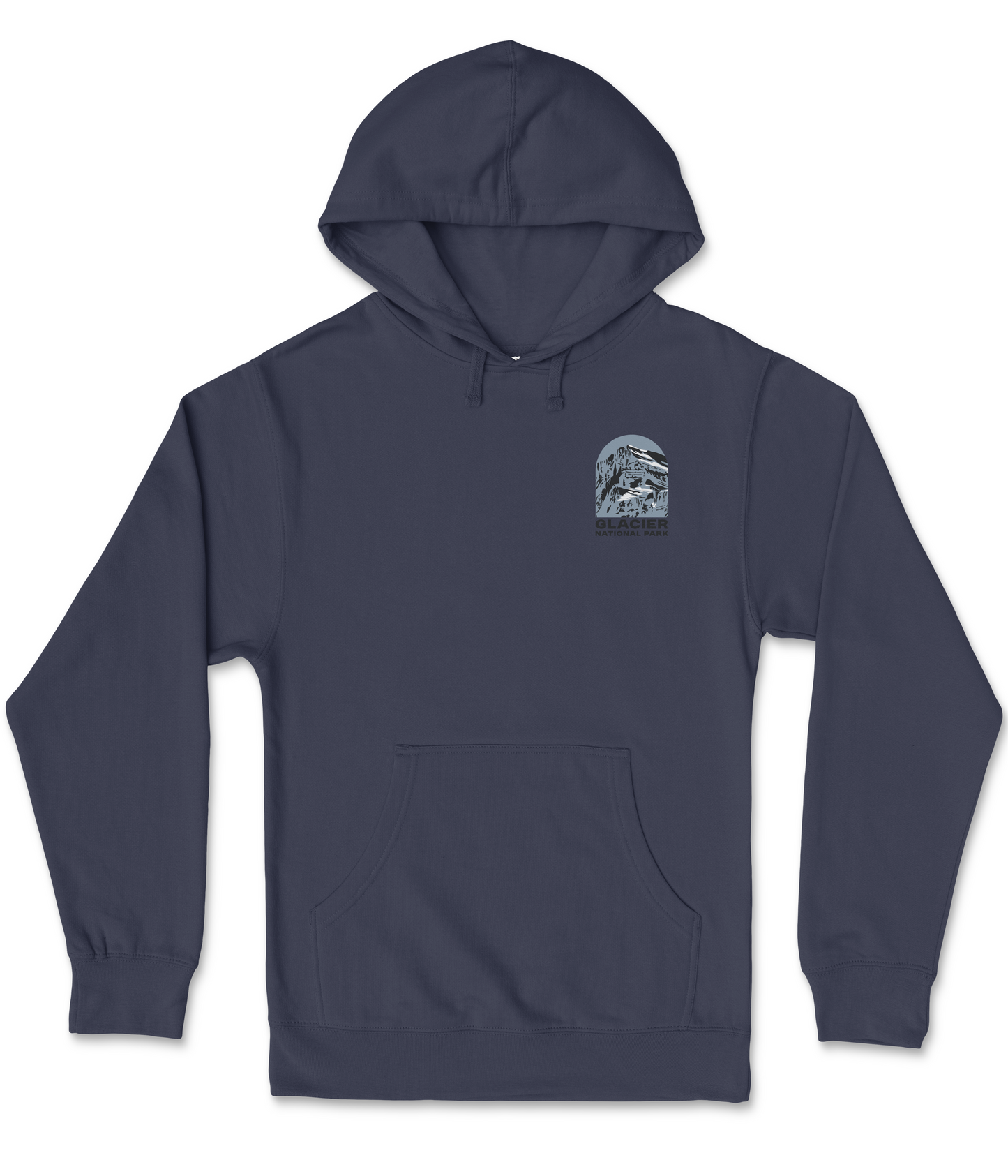 A navy blue hooded sweatshirt with a graphic design on the front.