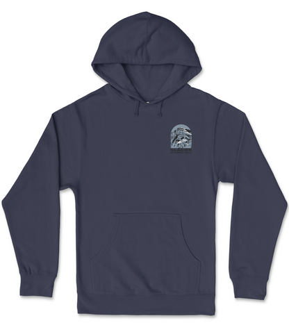 A navy blue hooded sweatshirt with a graphic design on the front.