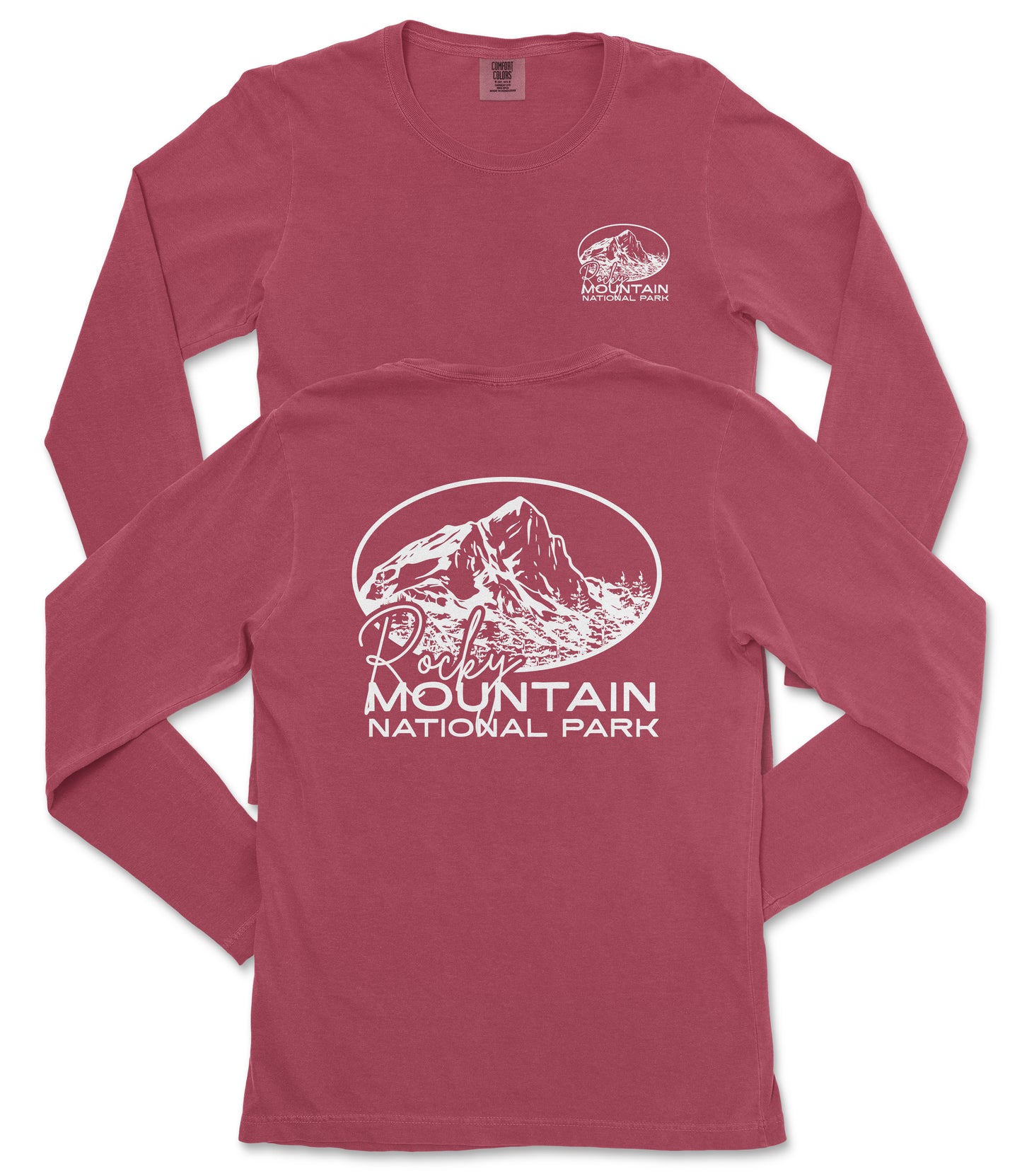 A red long-sleeved t-shirt with white text and graphics, including a mountain and the text "Rocky Mountain National Park".