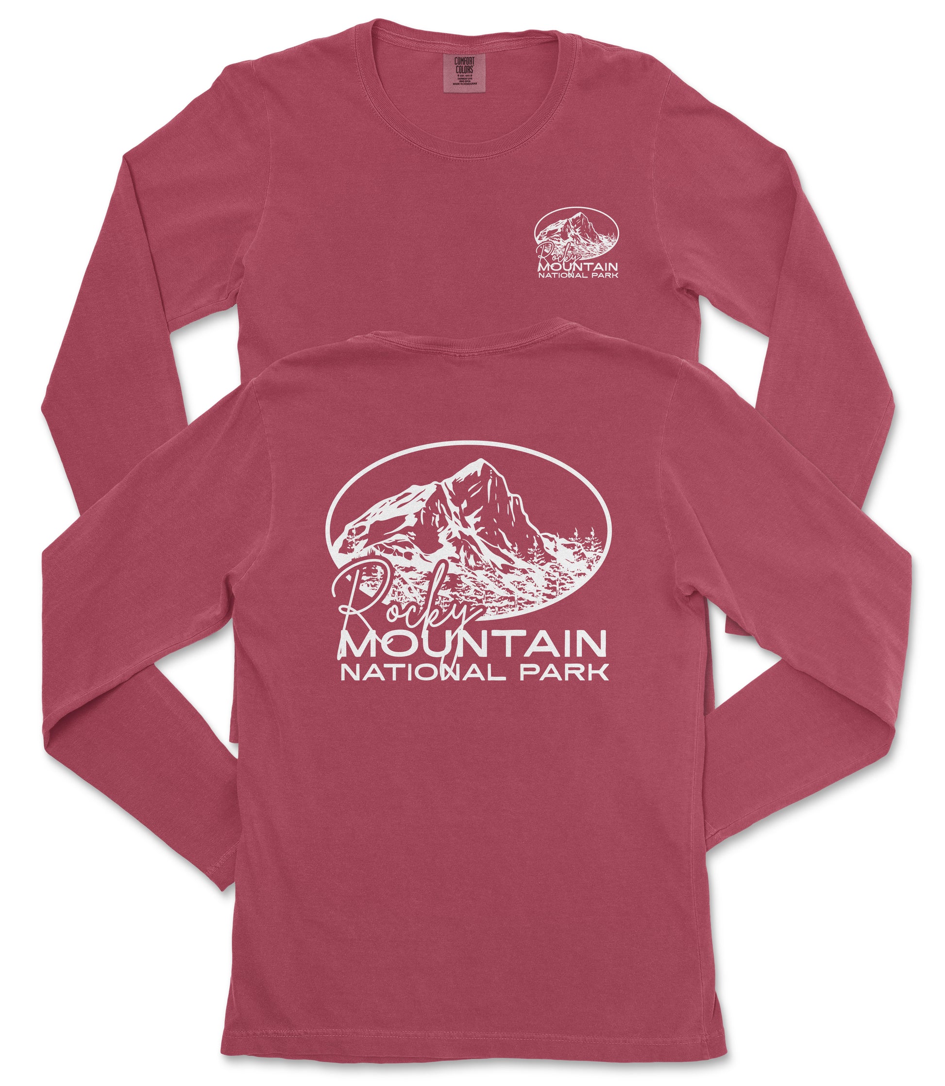 A red long-sleeved t-shirt with white text and graphics, including a mountain and the text "Rocky Mountain National Park".