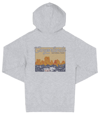A gray hooded sweatshirt with a graphic design depicting a scenic landscape with mountains and water.