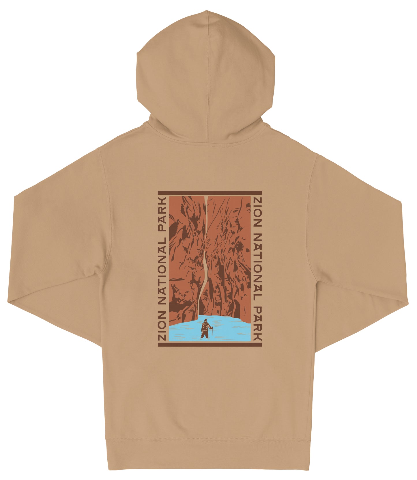 A beige hooded sweatshirt with a graphic design on the back, depicting a person standing in front of a waterfall.