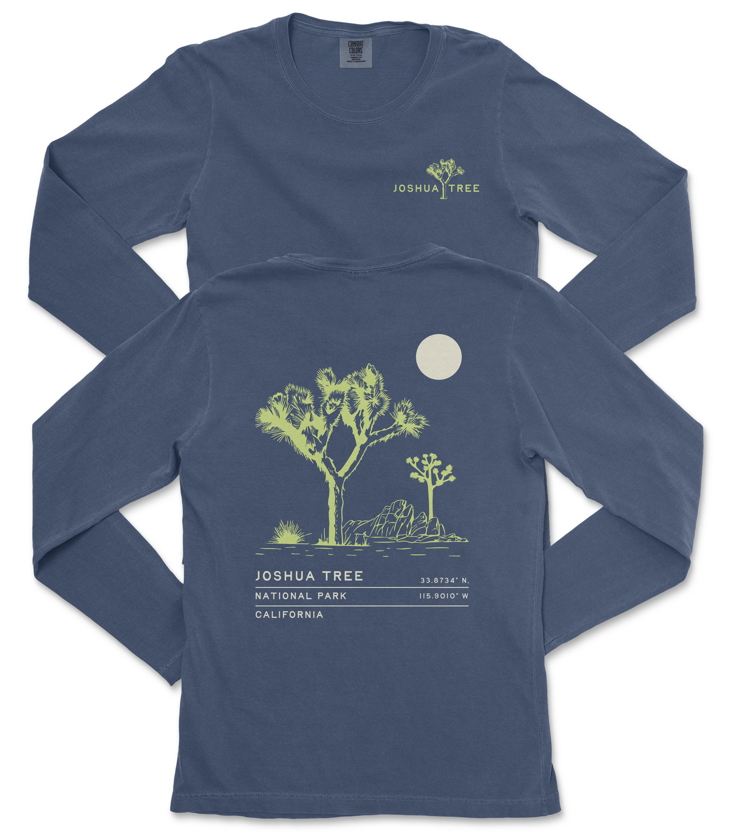 a blue long-sleeved t-shirt with a graphic design depicting a tree and a moon on the back.