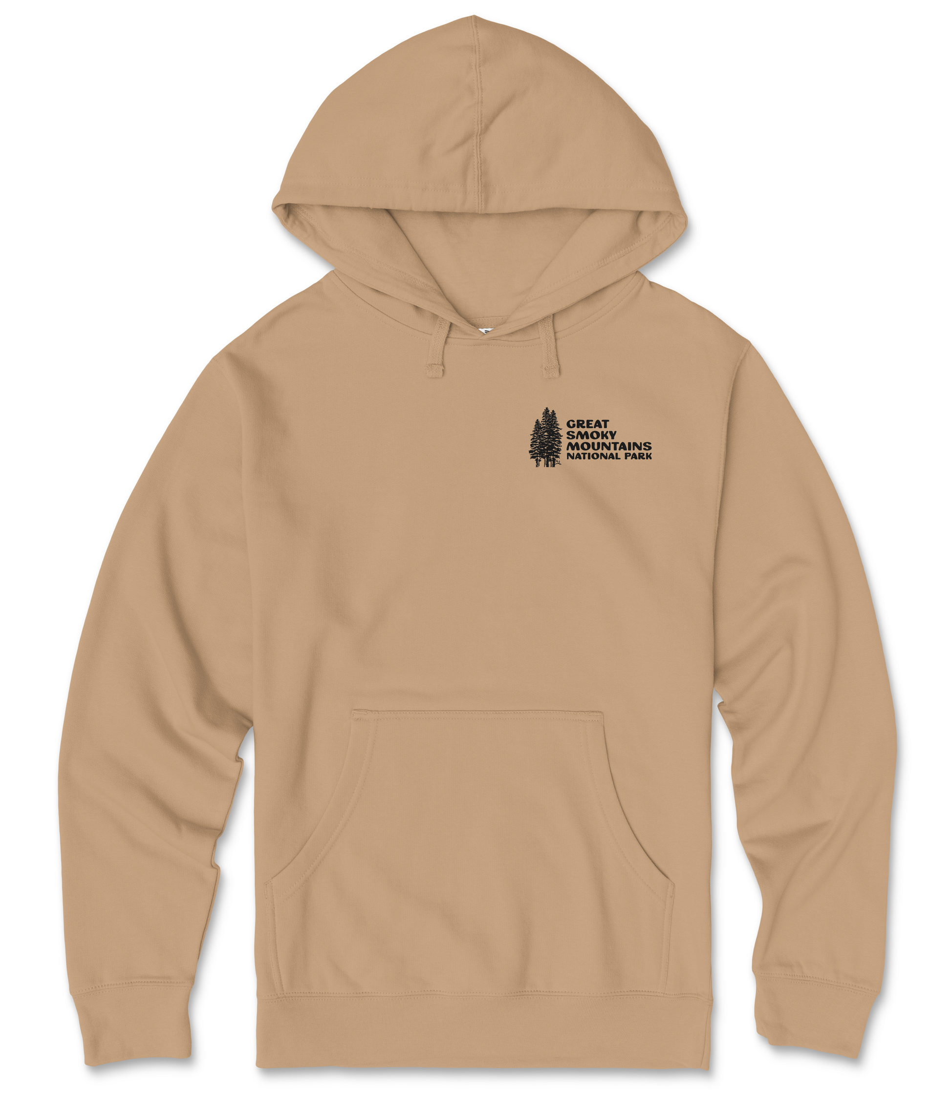 A beige hooded sweatshirt with a graphic design and text on the front.