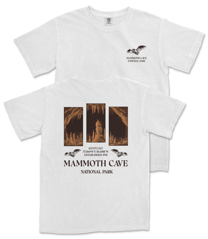 A white t-shirt with text and images related to Mammoth Cave National Park.
