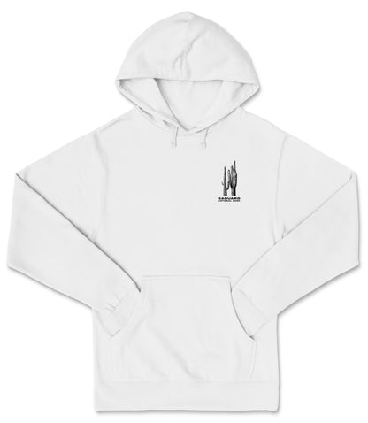 A white hoodie with a graphic design on the front.