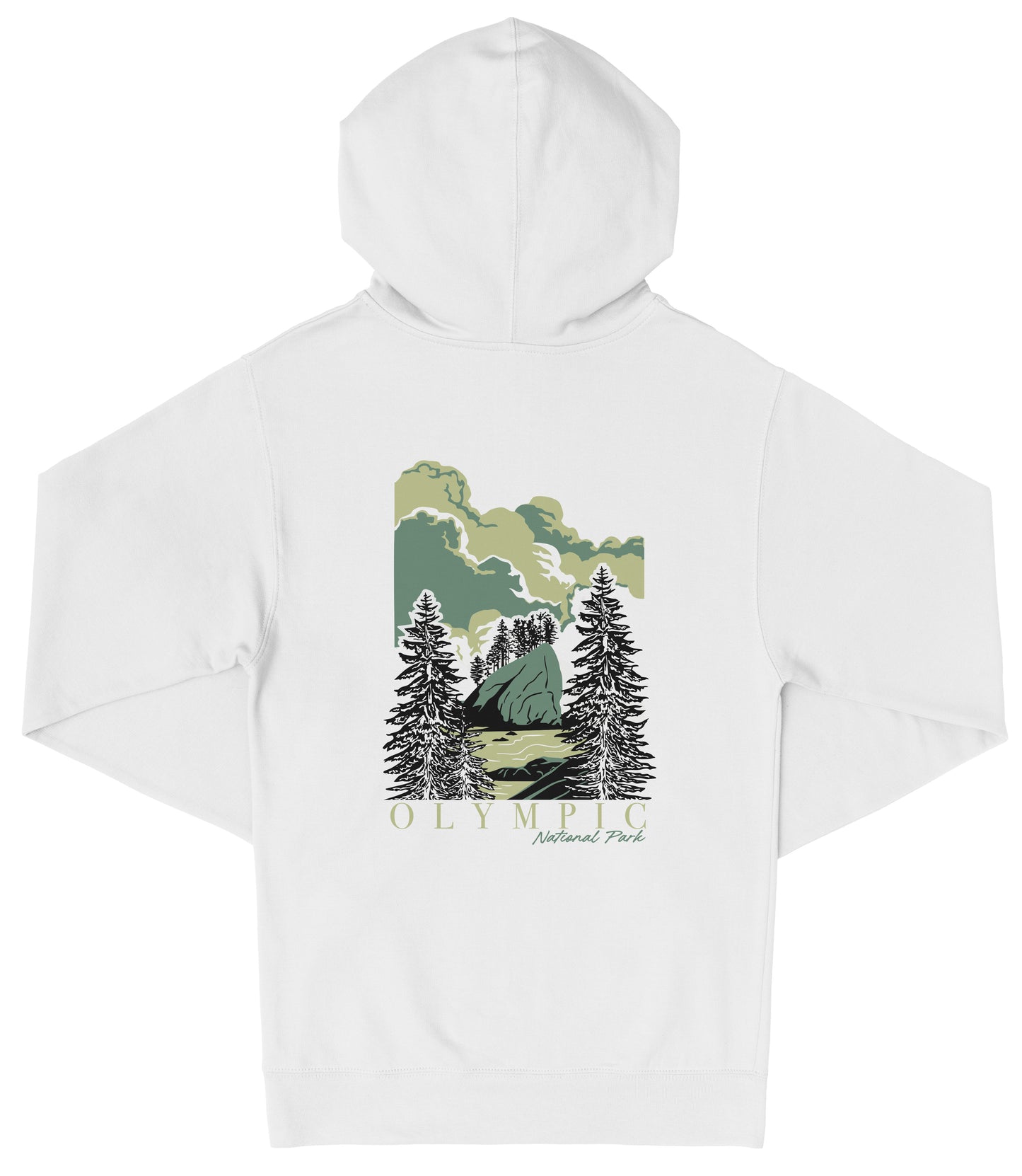 A white hooded sweatshirt with a graphic design depicting a scenic landscape with pine trees, mountains, and a cloudy sky.