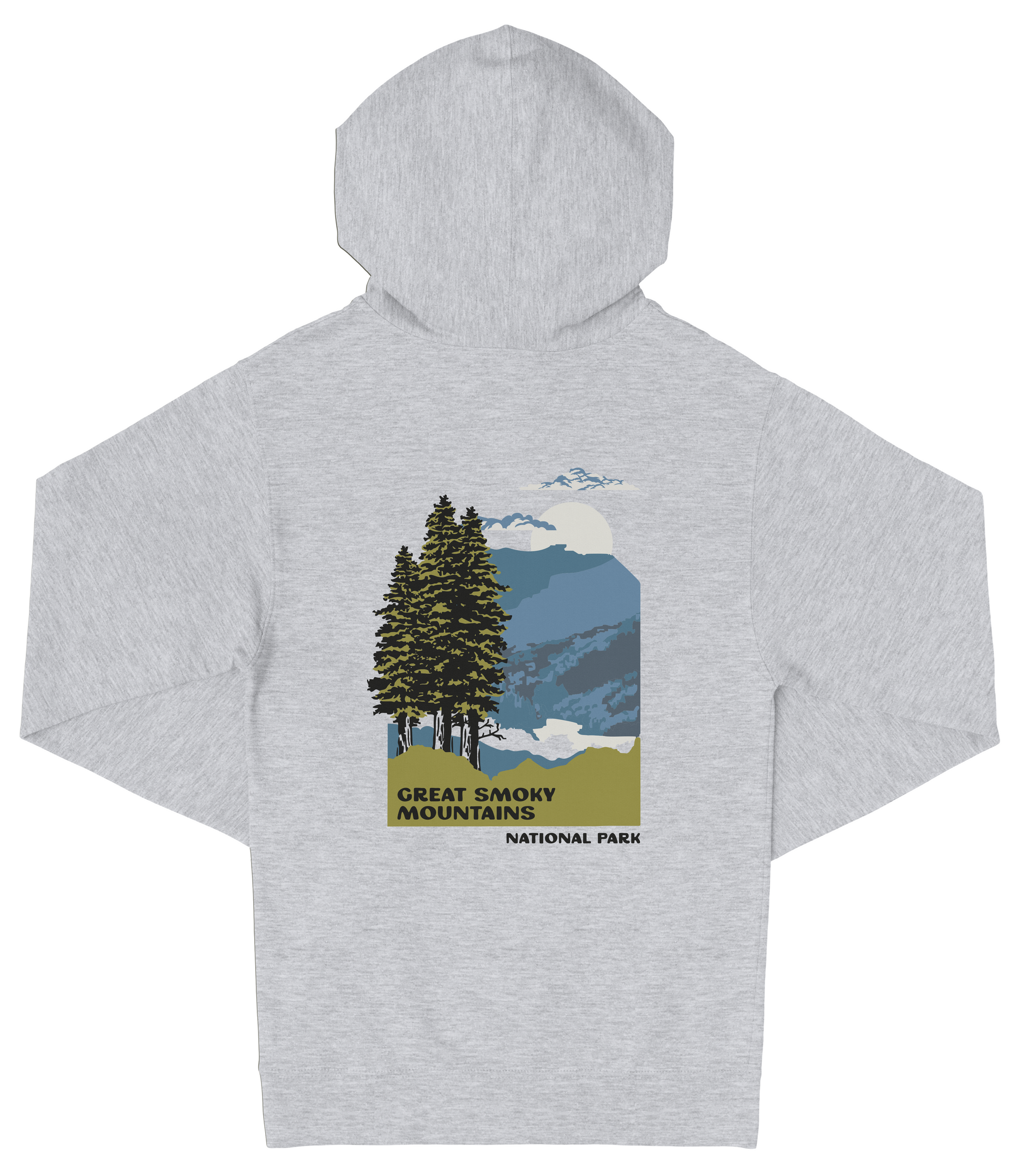 A gray hooded sweatshirt with a graphic design depicting a forest scene with pine trees and mountains in the background.