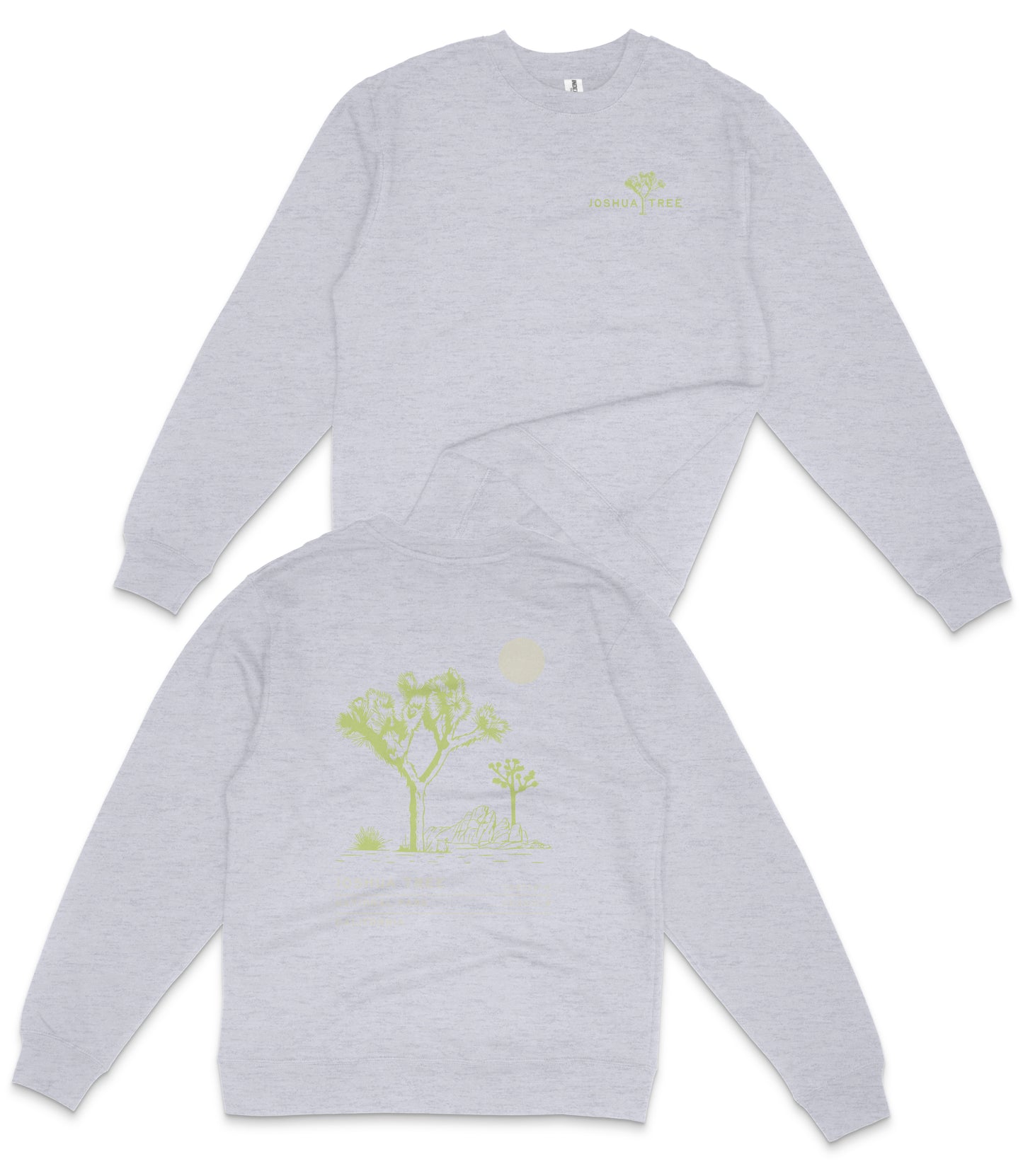 a grey long-sleeved shirt with a graphic design on the back, depicting a tree and a moon.