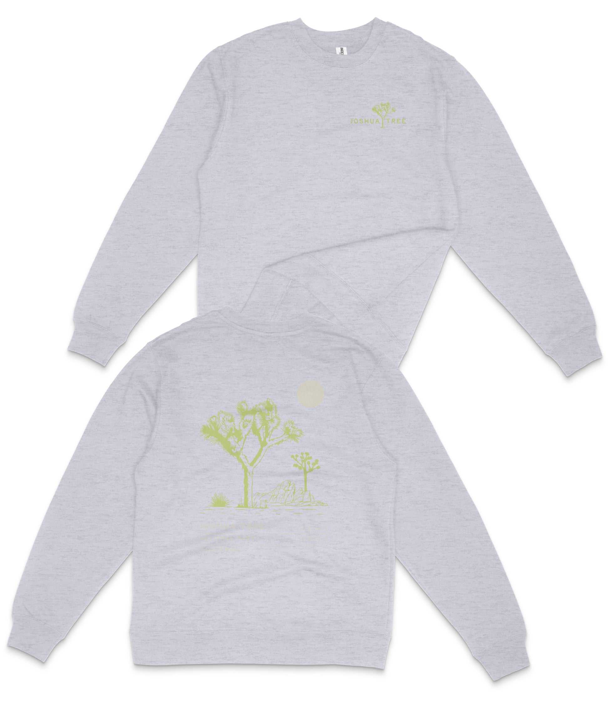 a grey long-sleeved shirt with a graphic design on the back, depicting a tree and a moon.