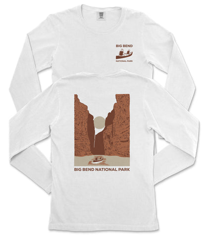 A white long-sleeved t-shirt with a graphic design depicting a canyon and a boat on a river, along with the text "BIG BEND NATIONAL PARK" printed on the back.