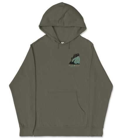 A grey hooded sweatshirt with a graphic design on the front.