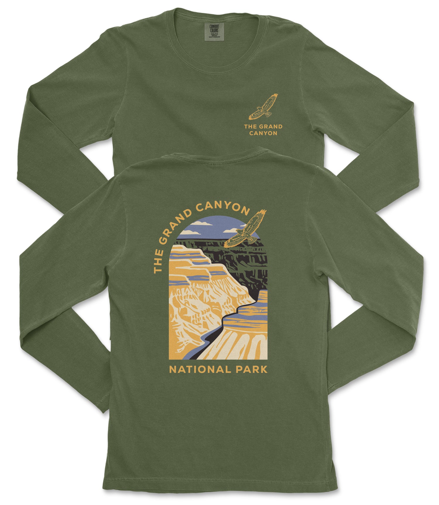 a green long-sleeved t-shirt with a graphic design depicting the Grand Canyon.