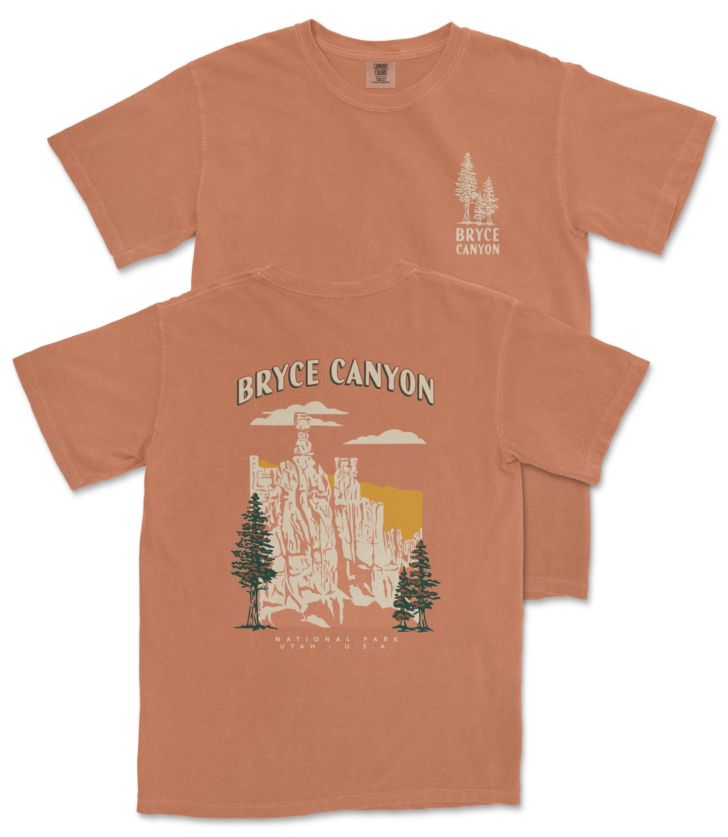 a t-shirt with a graphic design depicting Bryce Canyon, a famous national park in the United States.