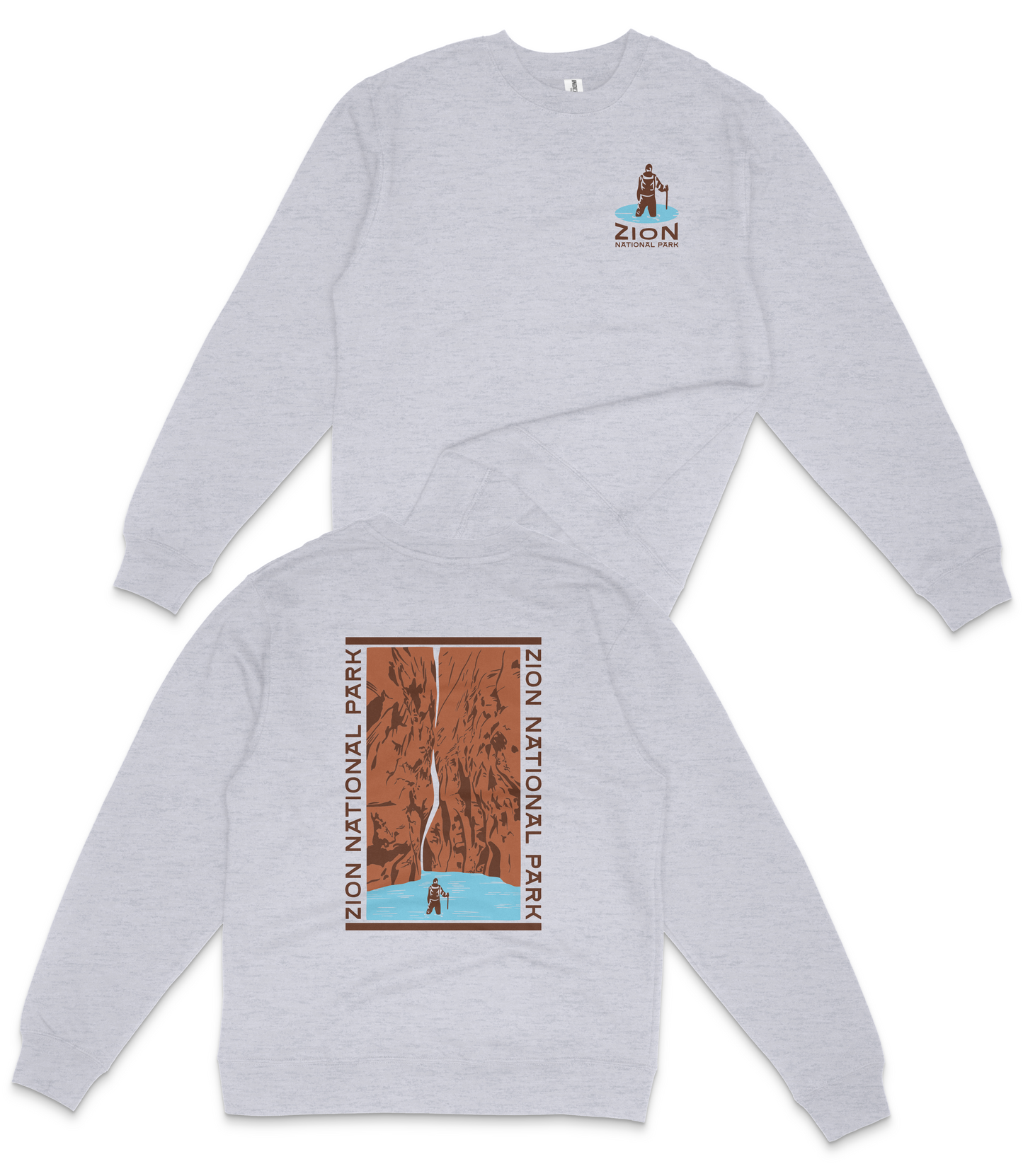 A gray sweatshirt with a graphic design depicting a waterfall and the text "ZION NATIONAL PARK" printed on the back.