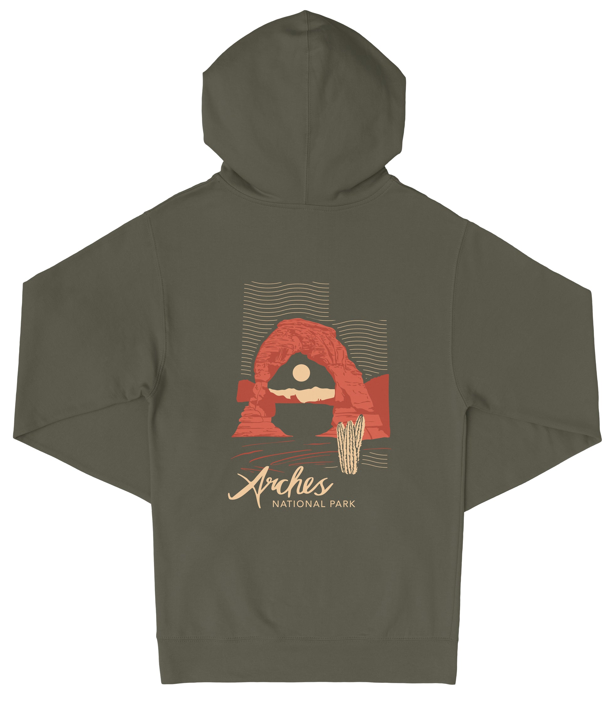 A dark green hooded sweatshirt with a graphic design featuring a desert landscape and the text "Arches National Park" printed on it.