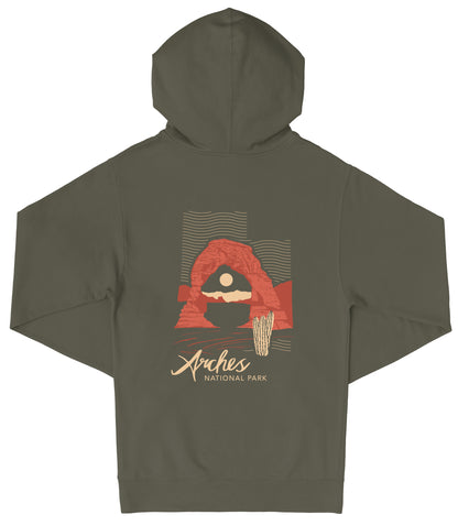 A dark green hooded sweatshirt with a graphic design featuring a desert landscape and the text "Arches National Park" printed on it.