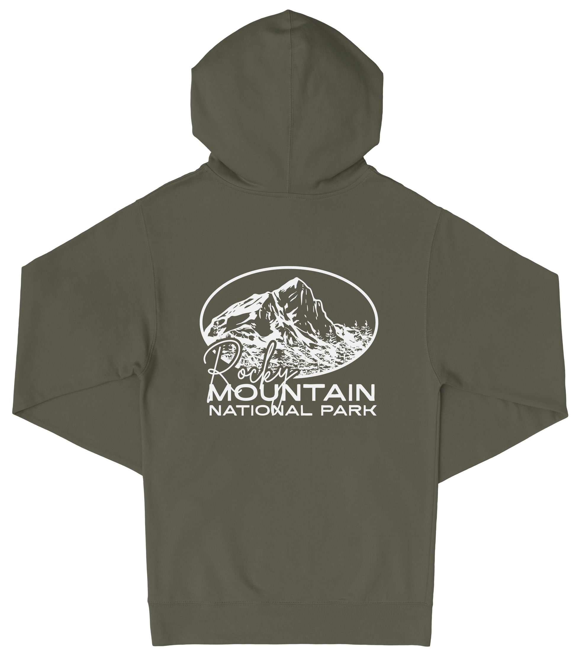 A dark green hooded sweatshirt with a white graphic design on the back, depicting a mountain and the text "Rochester Mountain National Park".