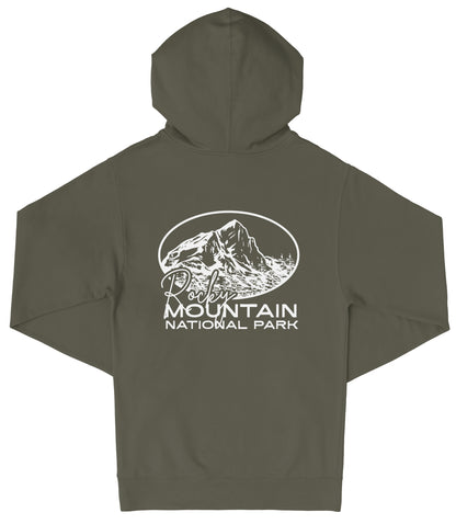 A dark green hooded sweatshirt with a white graphic design on the back, depicting a mountain and the text "Rochester Mountain National Park".