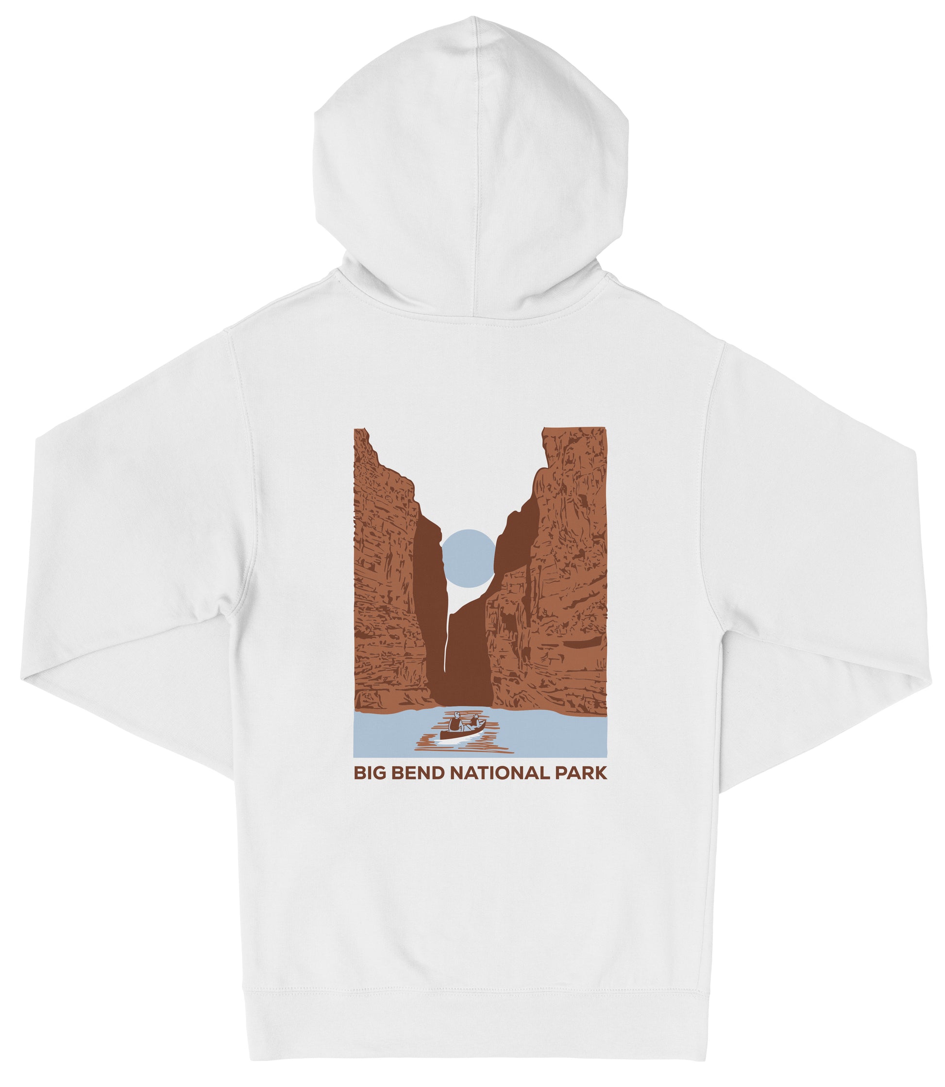 A white hooded sweatshirt with a graphic design depicting a canyon landscape with a boat in the foreground.