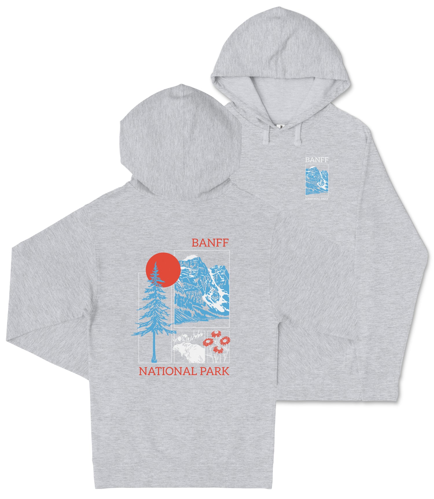 A grey hooded sweatshirt with a graphic design featuring a mountain landscape, a sun, and a bear.