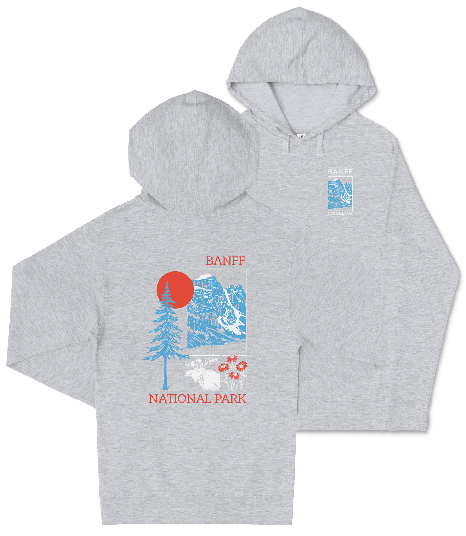 A grey hooded sweatshirt with a graphic design featuring a mountain landscape, a sun, and a bear.