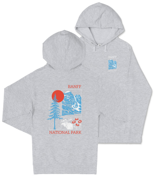 A grey hooded sweatshirt with a graphic design featuring a mountain landscape, a sun, and a bear.