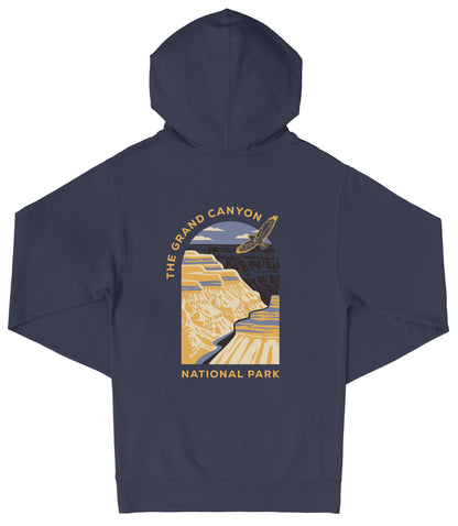 A navy blue hooded sweatshirt with a graphic design depicting the Grand Canyon and the text "The Grand Canyon National Park" printed on it.