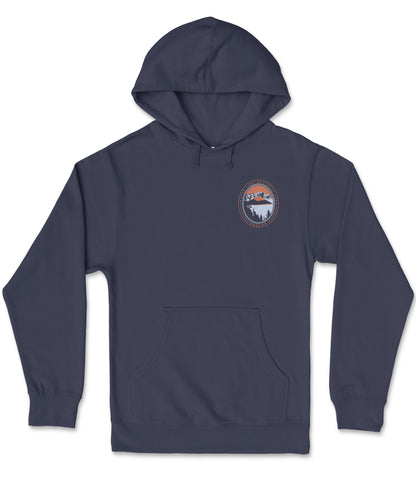 A navy blue hooded sweatshirt with a graphic design on the front.