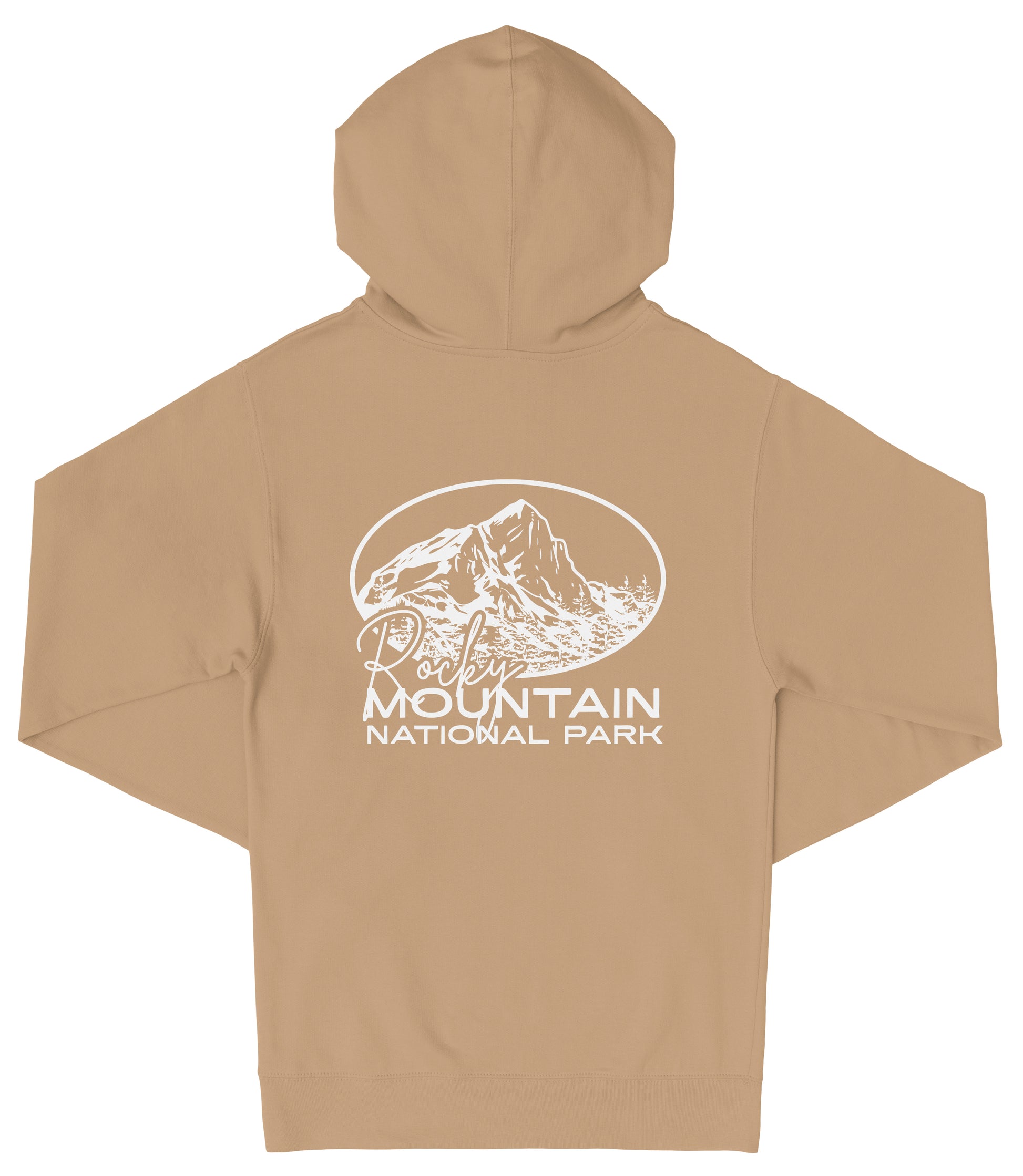 A beige hooded sweatshirt with a white graphic design on the back, depicting a mountain and the text "Rocky Mountain National Park".