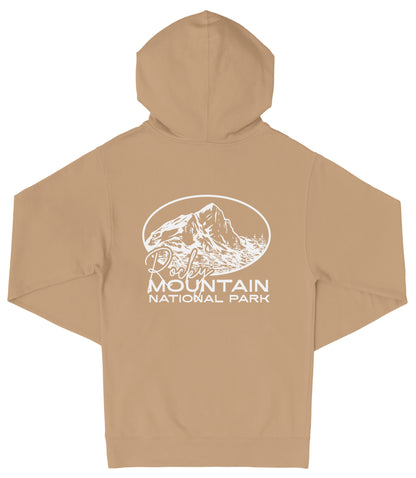 A beige hooded sweatshirt with a white graphic design on the back, depicting a mountain and the text "Rocky Mountain National Park".