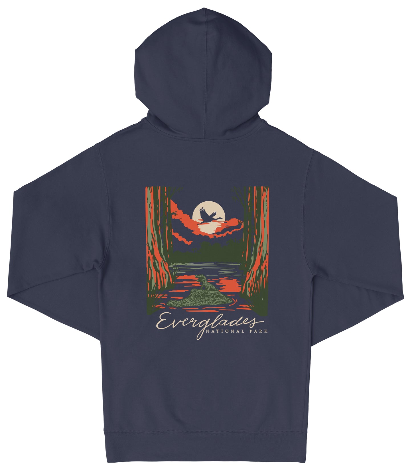 A navy blue hooded sweatshirt with a graphic design depicting a nighttime scene with a full moon, a bird, and a forest landscape.